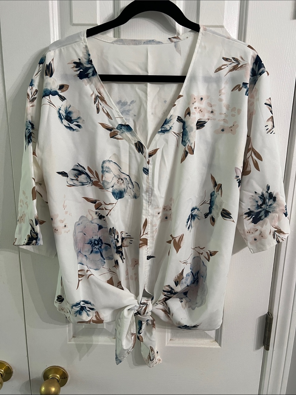 SHEIN White Tie-Front Floral Blouse with Blue & Tan Accents